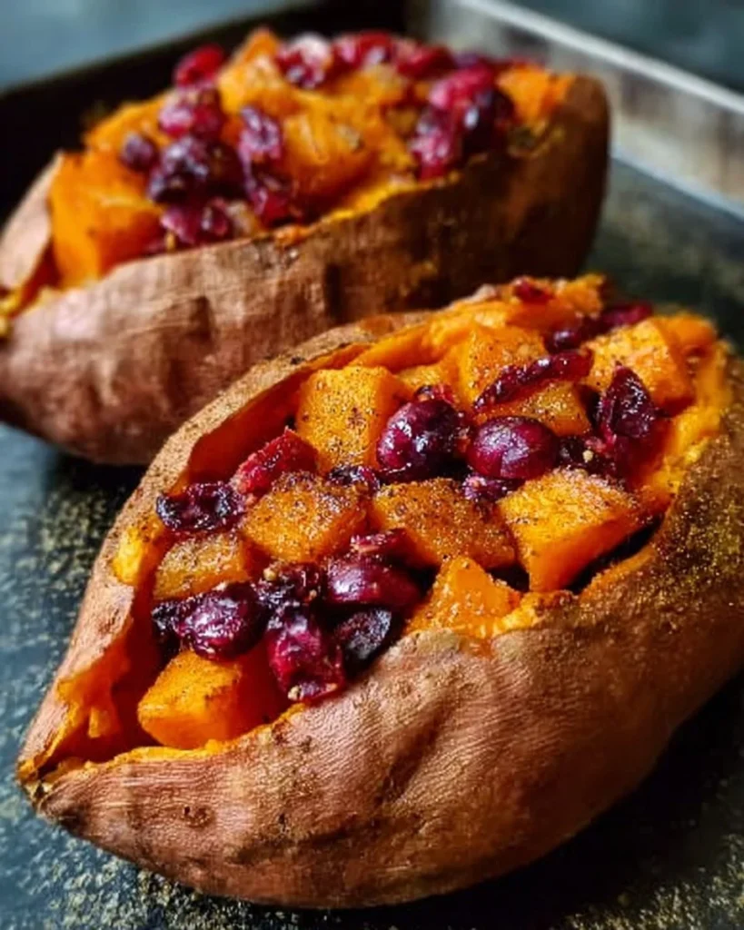 Cranberry apple twice-baked sweet potatoes served on a plate