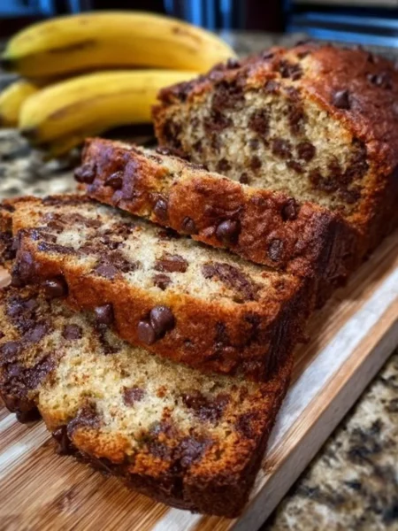 Loaf of super moist chocolate chip banana bread with chocolate chunks on a cutting board
