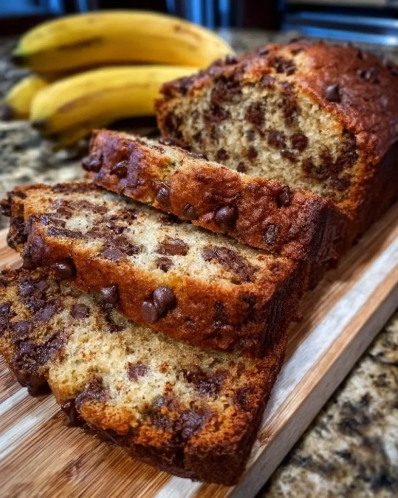 Loaf of super moist chocolate chip banana bread with chocolate chunks on a cutting board
