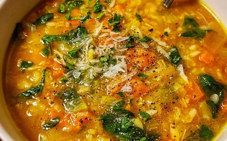 Bowl of Italian Penicillin Soup with fresh herbs and vegetables