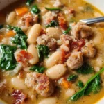 Bowl of Italian sausage white bean soup garnished with herbs