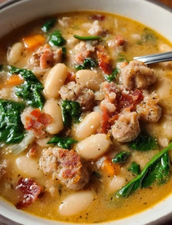 Bowl of Italian sausage white bean soup garnished with herbs
