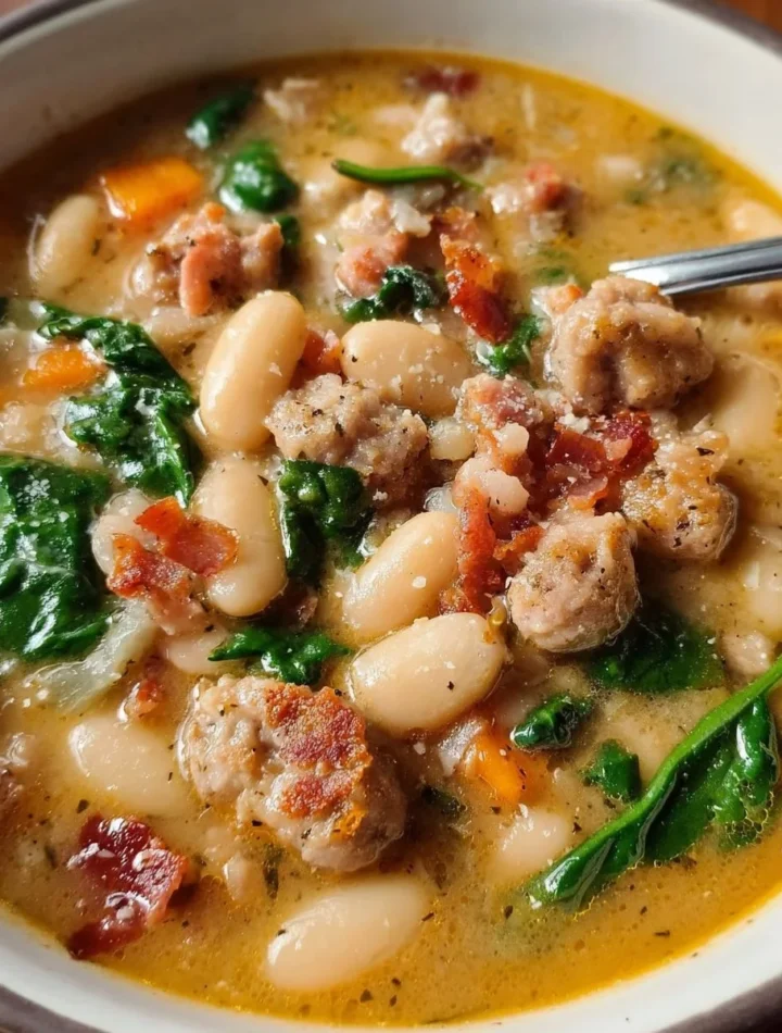 Bowl of Italian sausage white bean soup garnished with herbs