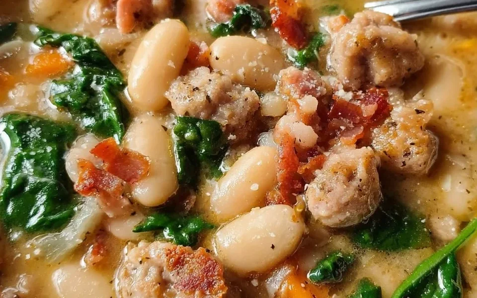 Bowl of Italian sausage white bean soup garnished with herbs