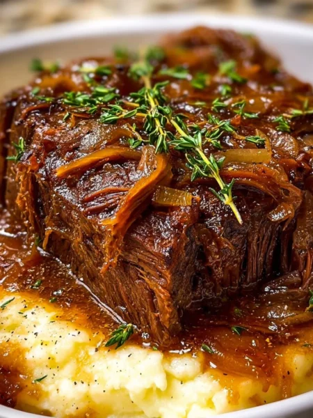 Delicious French Onion Pot Roast served with caramelized onions and herbs.