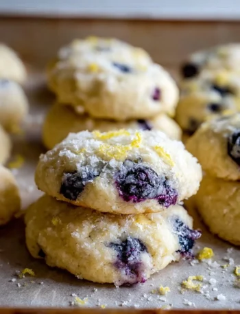 Freshly baked lemon blueberry cookies on a cooling rack