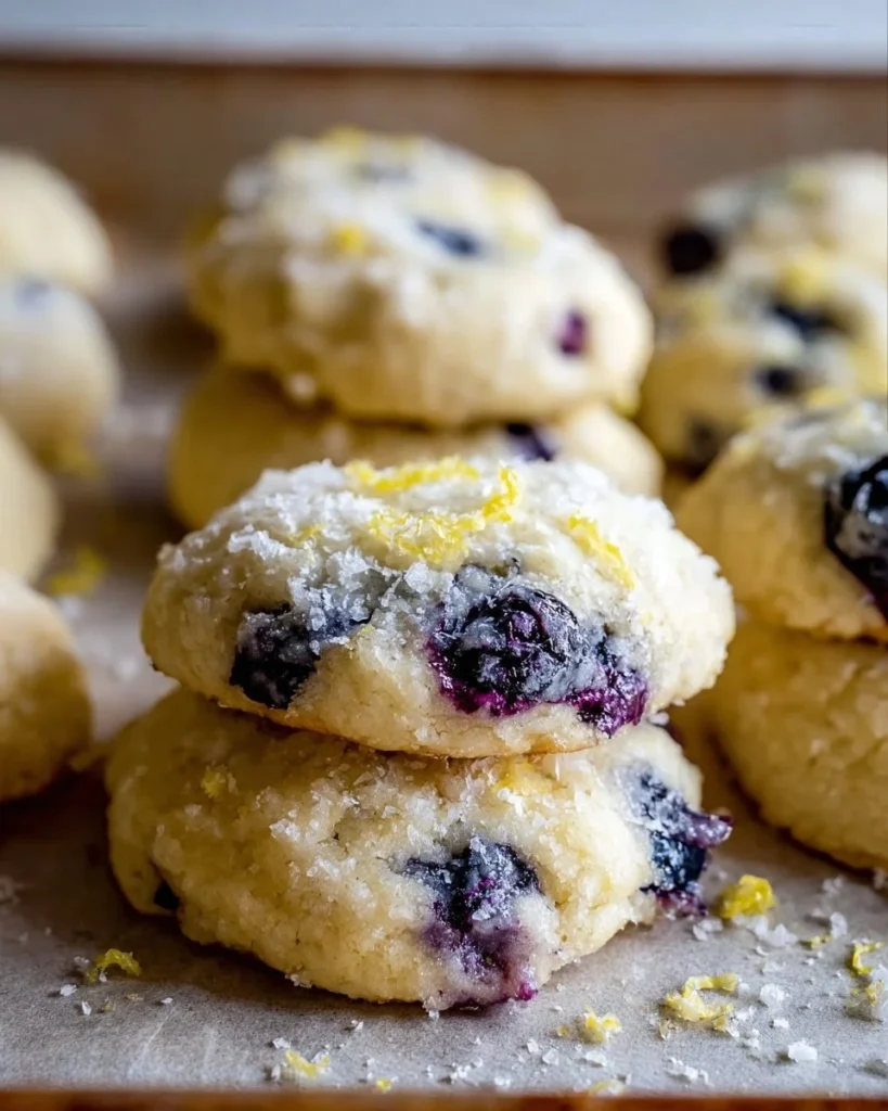 Freshly baked lemon blueberry cookies on a cooling rack