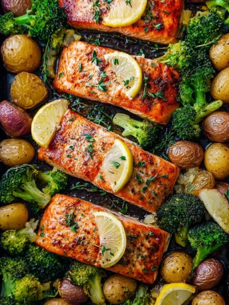 Lemon butter salmon served with roasted potatoes and broccoli on a plate