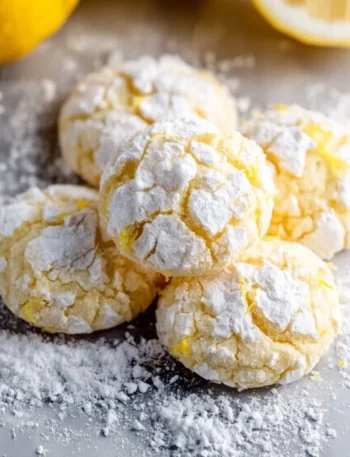 Lemon crinkle cookies dusted with powdered sugar on a baking sheet