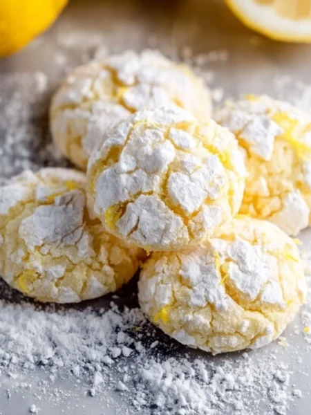 Lemon crinkle cookies dusted with powdered sugar on a baking sheet