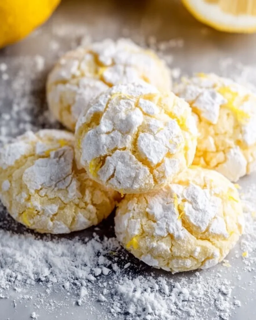 Lemon crinkle cookies dusted with powdered sugar on a baking sheet