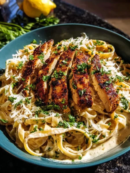 Delicious Lemon Pepper Cajun Chicken Fettuccine Alfredo served in a bowl