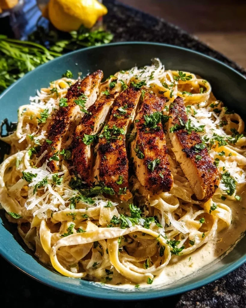 Delicious Lemon Pepper Cajun Chicken Fettuccine Alfredo served in a bowl
