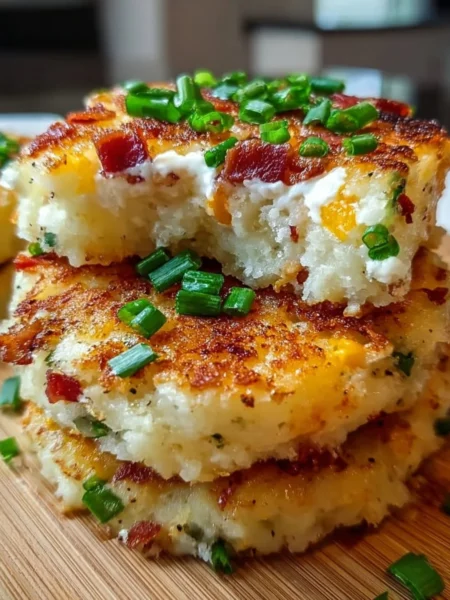 Delicious loaded mashed potato cake topped with cheese and herbs