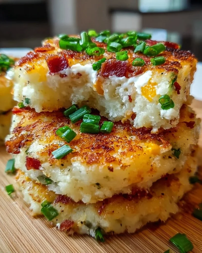 Delicious loaded mashed potato cake topped with cheese and herbs
