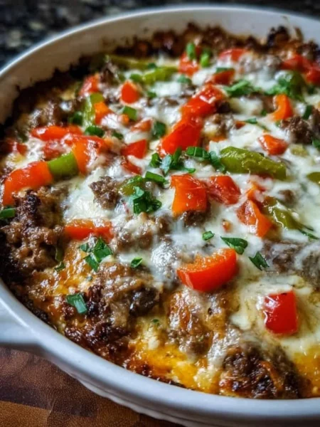 Low Carb Philly Cheesesteak Casserole with beef, peppers, and cheese in a dish