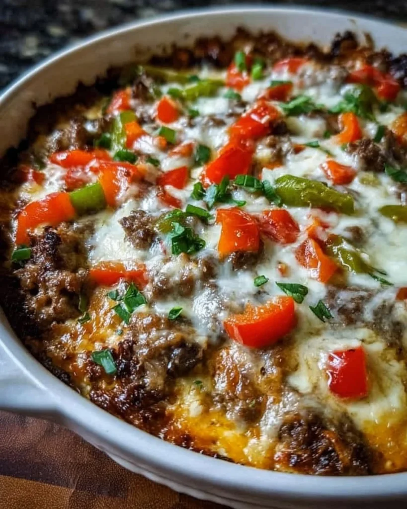 Low Carb Philly Cheesesteak Casserole with beef, peppers, and cheese in a dish