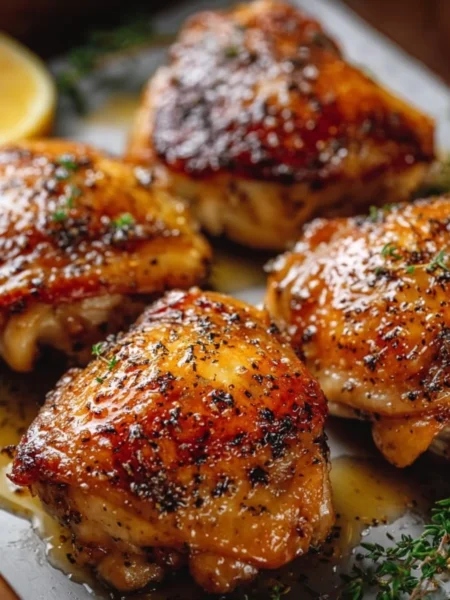 Maple Dijon roasted chicken thighs garnished with herbs and served on a plate.