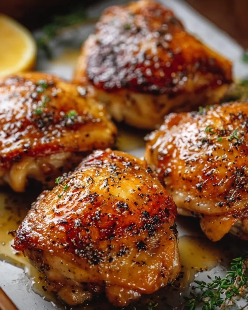 Maple Dijon roasted chicken thighs garnished with herbs and served on a plate.