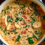 Bowl of Marry Me Tuscan Chicken Soup garnished with herbs