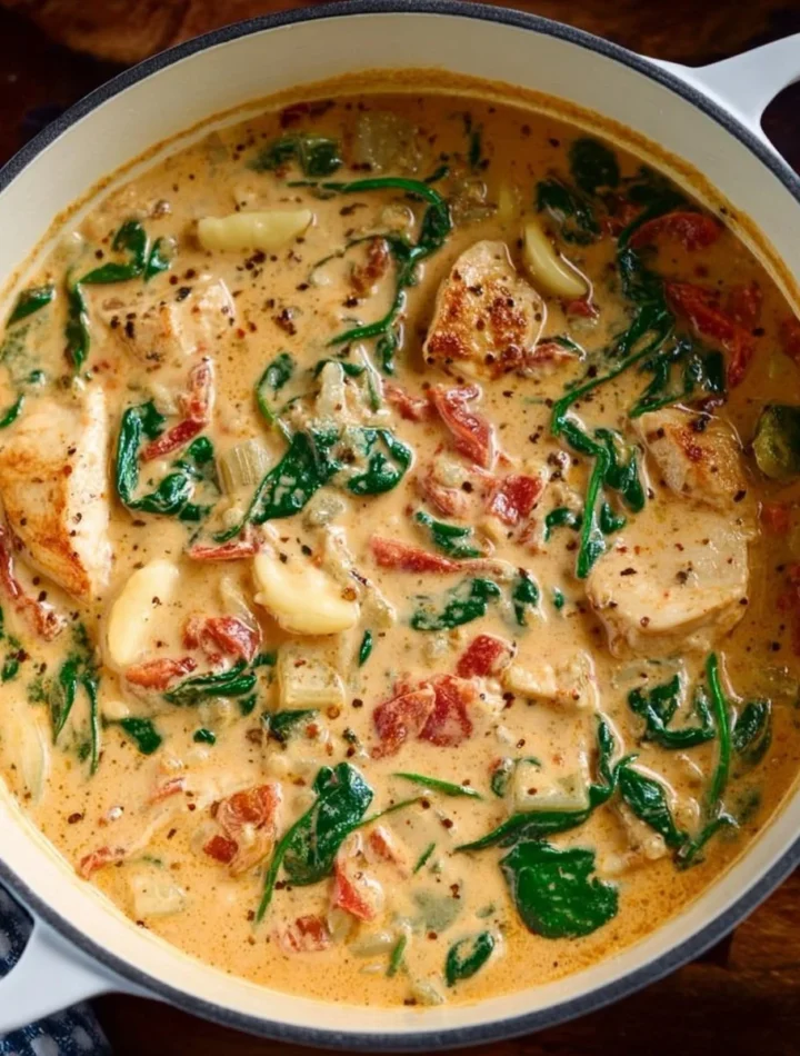 Bowl of Marry Me Tuscan Chicken Soup garnished with herbs