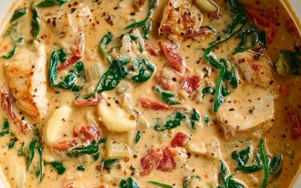 Bowl of Marry Me Tuscan Chicken Soup garnished with herbs