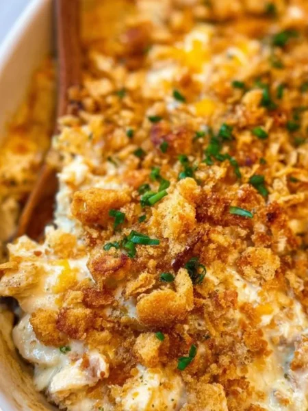 Delicious Million Dollar Chicken Casserole topped with cheese and herbs