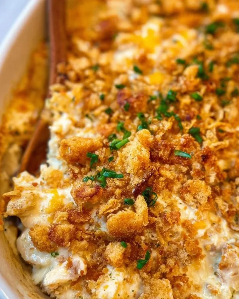 Delicious Million Dollar Chicken Casserole topped with cheese and herbs