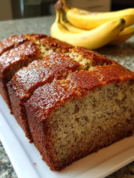 Deliciously moist banana bread made with 3 ripe bananas