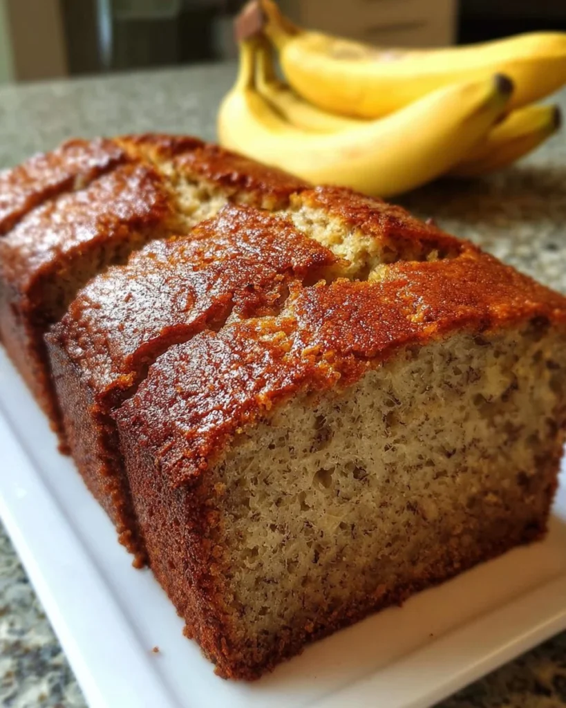 Deliciously moist banana bread made with 3 ripe bananas