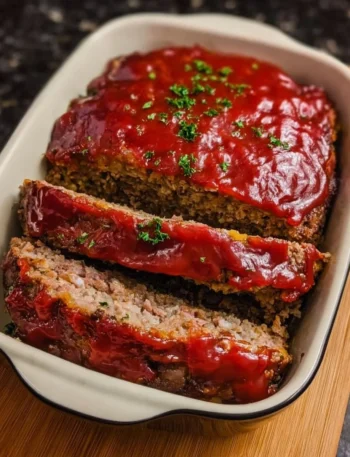 Delicious slice of Mom's Best Meatloaf served with mashed potatoes and green beans