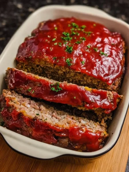 Delicious slice of Mom's Best Meatloaf served with mashed potatoes and green beans