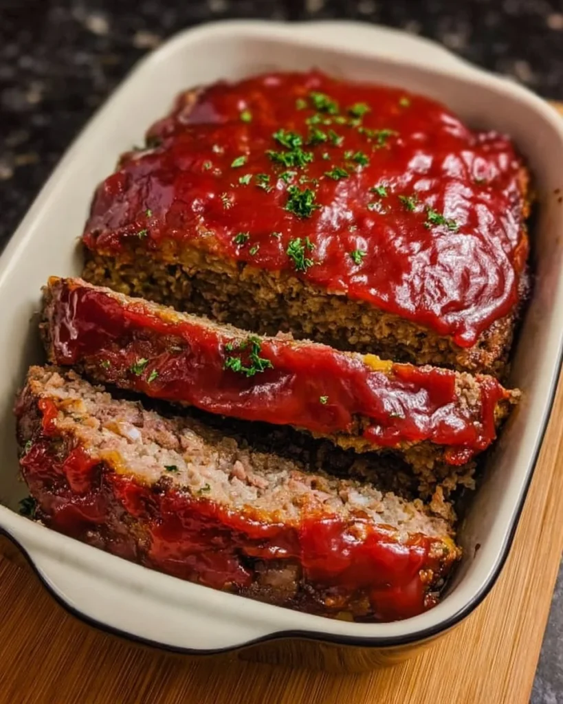 Delicious slice of Mom's Best Meatloaf served with mashed potatoes and green beans