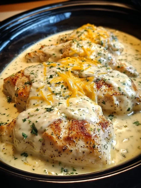 Delicious creamy ranch chicken served in a CrockPot for a savory meal.