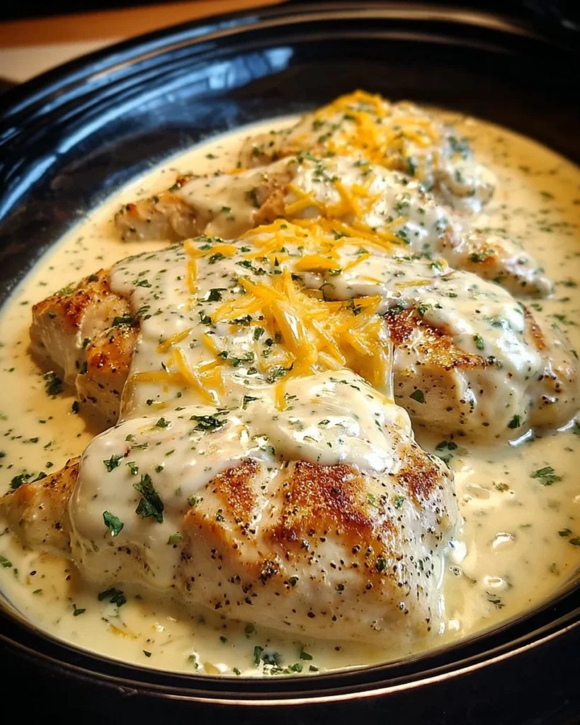 Delicious creamy ranch chicken served in a CrockPot for a savory meal.