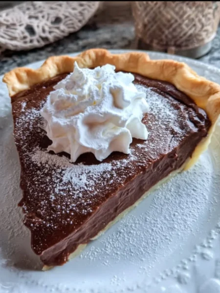 Delicious old fashioned chocolate pie topped with whipped cream and chocolate shavings