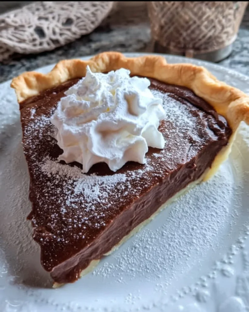 Delicious old fashioned chocolate pie topped with whipped cream and chocolate shavings