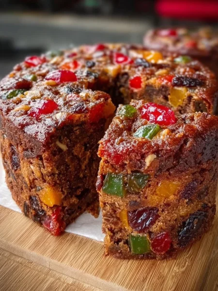 Delicious old fashioned fruit cake with assorted dried fruits and nuts.