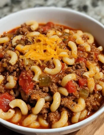 A bowl of old-fashioned goulash with noodles and ground beef