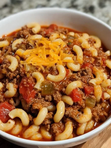 A bowl of old-fashioned goulash with noodles and ground beef