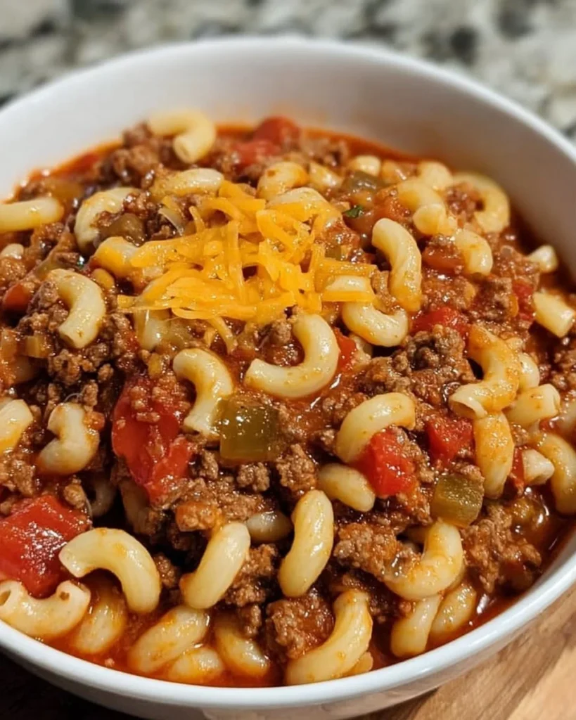 A bowl of old-fashioned goulash with noodles and ground beef