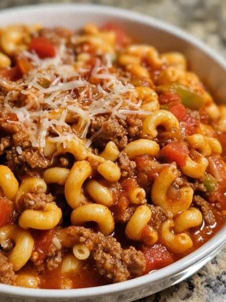 A bowl of old-fashioned goulash topped with fresh parsley