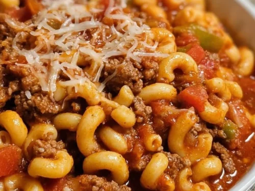 A bowl of old-fashioned goulash topped with fresh parsley