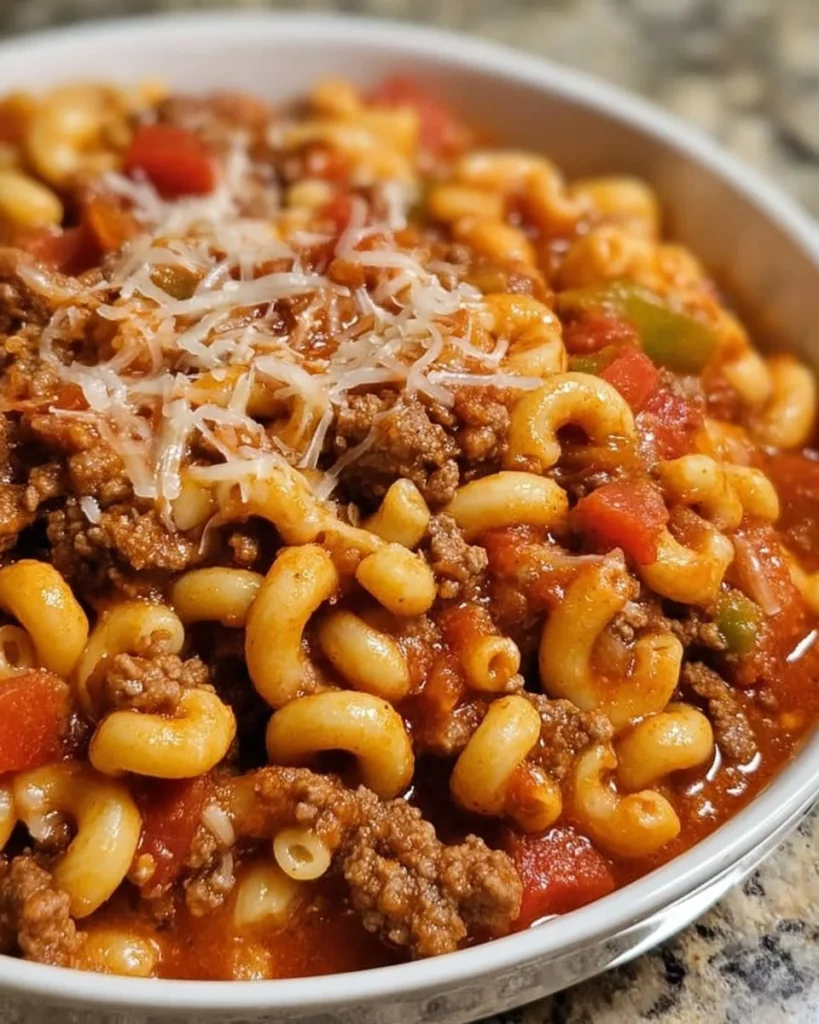A bowl of old-fashioned goulash topped with fresh parsley
