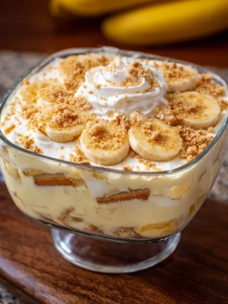 Delicious old-fashioned homemade banana pudding in a stylish glass dish.