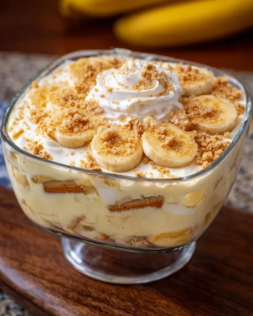 Delicious old-fashioned homemade banana pudding in a stylish glass dish.