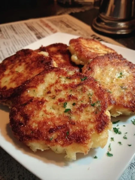 Old-fashioned potato cakes served with a side of dipping sauce