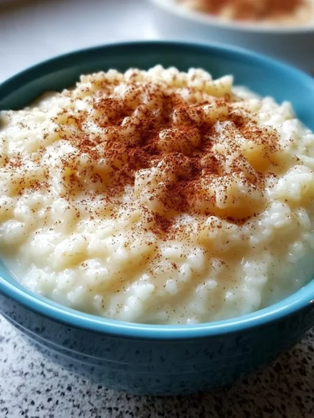 A creamy bowl of old-fashioned rice pudding topped with cinnamon and raisins.