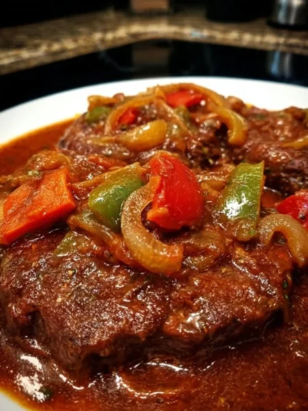 Old-Fashioned Swiss Steak served with rich gravy and vegetables
