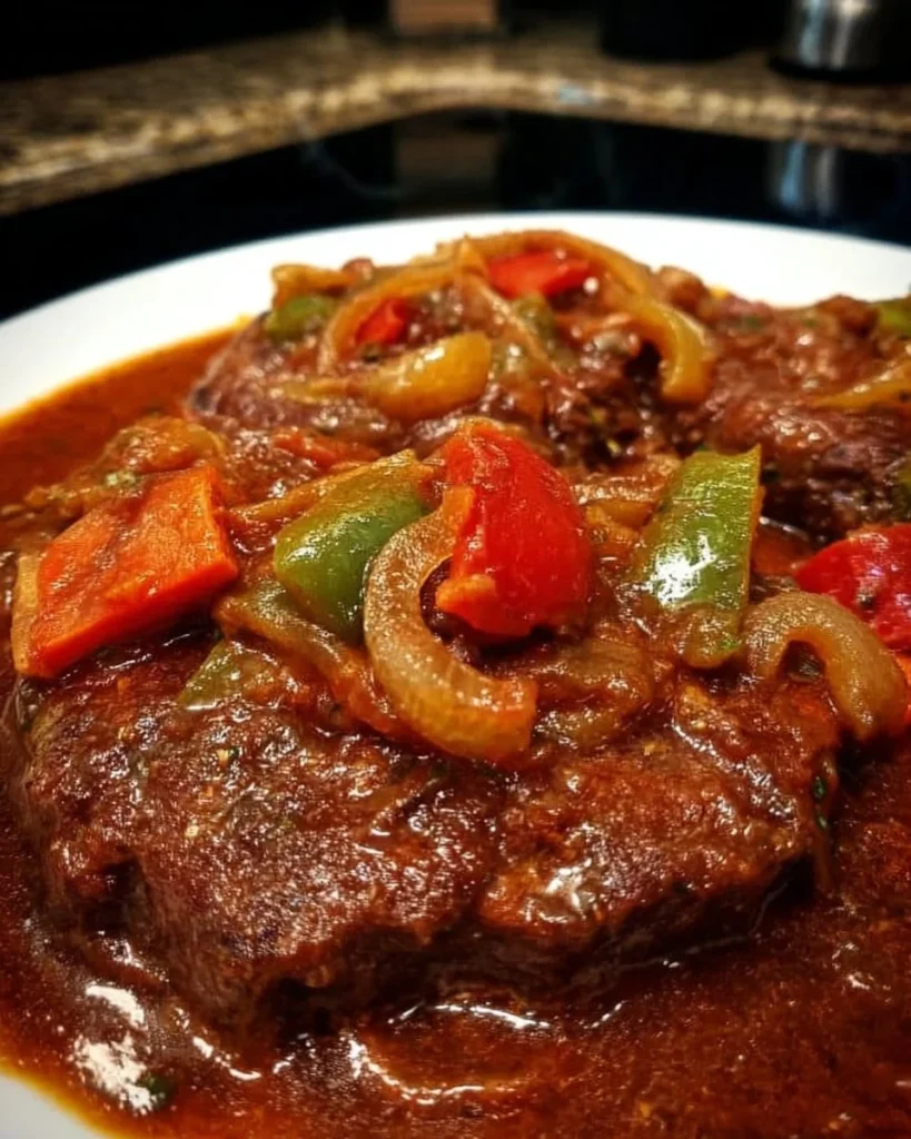 Old-Fashioned Swiss Steak served with rich gravy and vegetables